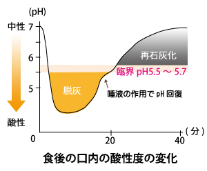 食後の口内の酸性度の変化グラフ