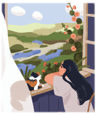 窓辺から外の景色を眺める少女